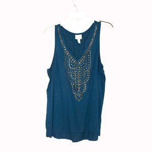 Knox Rose Dark Teal Gold Studded Rhinestone Embellished V-neck Tank XXL